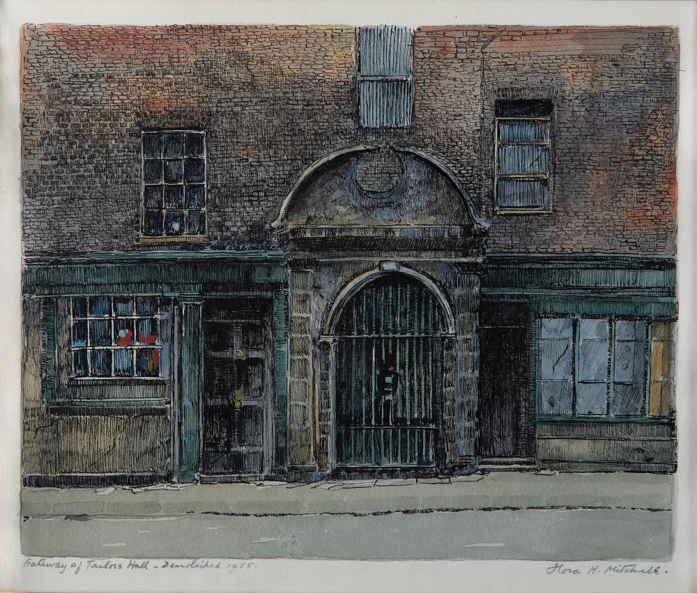 Flora Mitchell comparable auction result: flora mitchell 1890 1973 gateway of tailors hall demolished 1955 watercolour 23 x 28 cm signed and inscribedprovenance with the dawson gallery dublin label verso