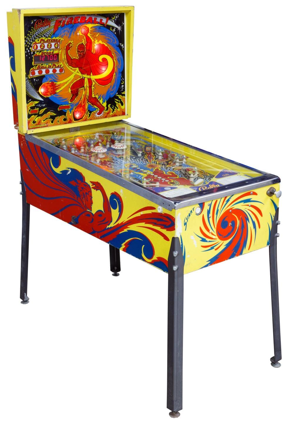 Vintage pinball machine with open playfield showing Bally “Fireball!” artwork and colorful rails on the cabinet and backglass.
