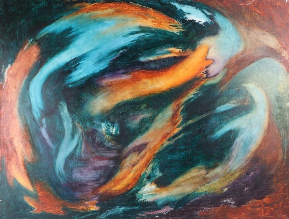 Moira Doggett comparable auction result: moira doggett b1927 abstract study swirling blue orange and brown shapes unframed the oil 100