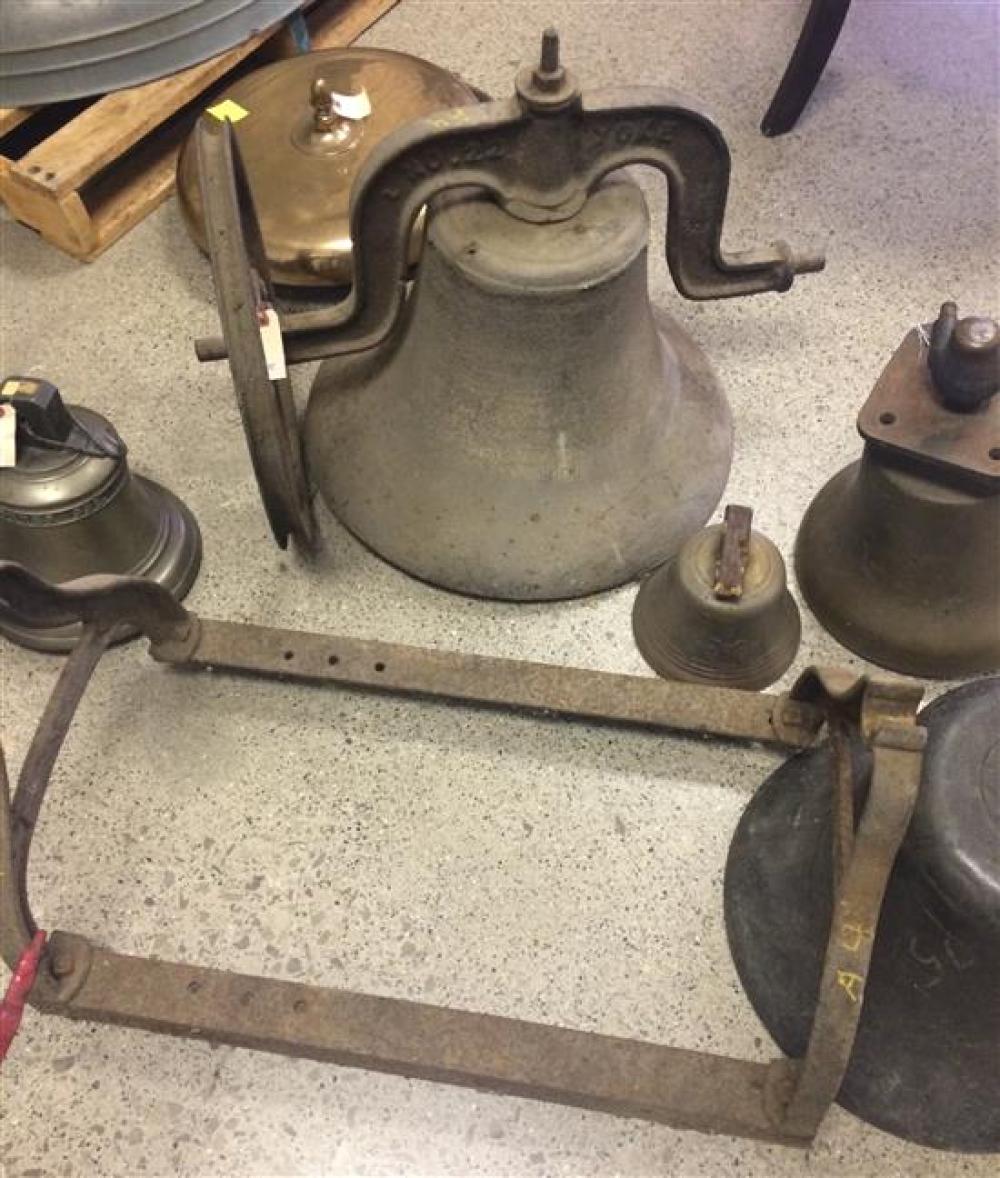 LARGE CAST IRON BELL APPROX. 21" DIAM. AND YOKE NO.22, WITH FLYWHEEL AND CAST IRON A-FRAME BASE, APPROX. 27¼" ACROSS. ONE END OF BRA... sold by Apple Tree Auction Center, lot 3006 — auction record photograph