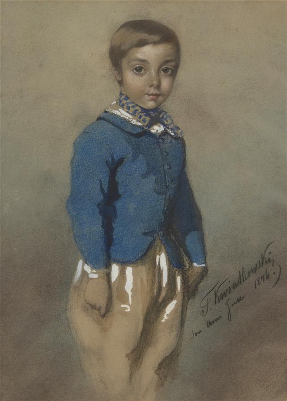 Teofil Kwiatkowski comparable auction result: teofil kwiatkowski 1809 1891 portrait de jeune gar on au gilet bleu 1876 aquarelle re