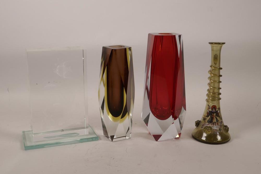 Two Murano glass Sommerso vases, tallest 7½", together with a C19th enamelled green glass specimen vase decorated with a coat of arms and a glass block paperweight decorated as a tropical fish tank sold by Crow's Auction Gallery Ltd, lot 379 — auction record photograph