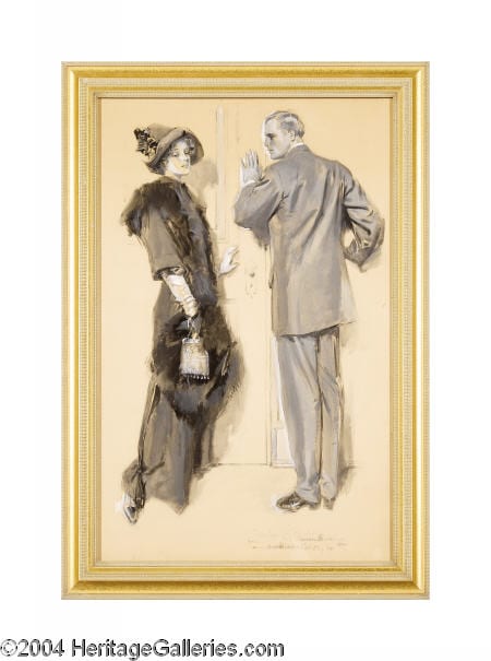 Framed illustration of a woman in a dark outfit standing beside a man at a doorway.