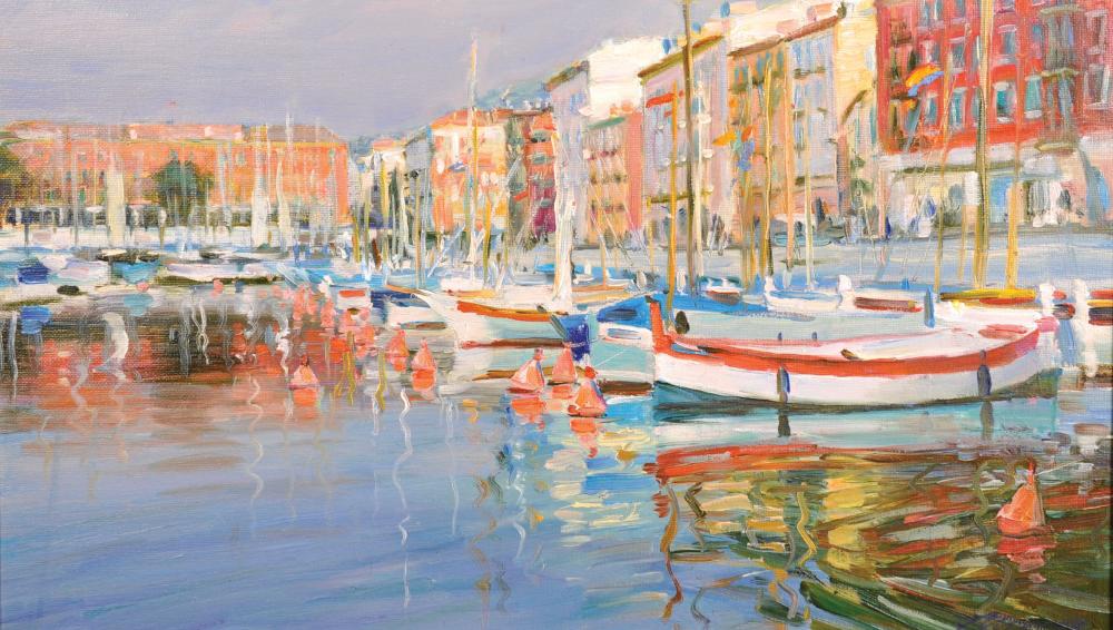 Alexandre Averine comparable auction result: alexandre averine 1952 russian nice harbour with moored vessels by a buoy oil on artist s board signed in cyrillic and inscribed on reverse in cyrillic 11 5 x 19 25