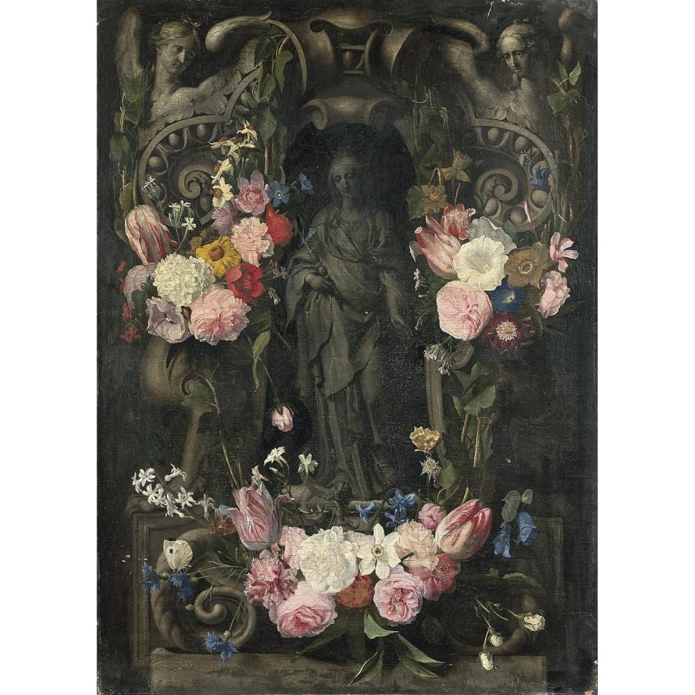 Jan Philip van Thielen comparable auction result: jan philip van thielen malines 1618 1667 guirlandes de fleurs entourant un trompe l il sculpt repr sentant sainte lisabeth garlan