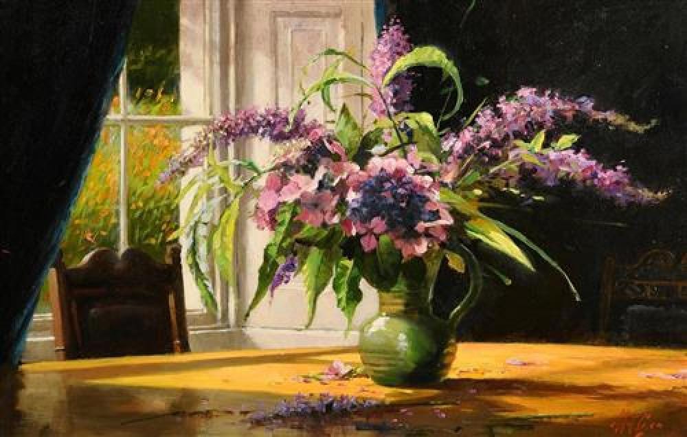 Matt Grogan comparable auction result: mat grogan b 1947 buddley and hydrangeas