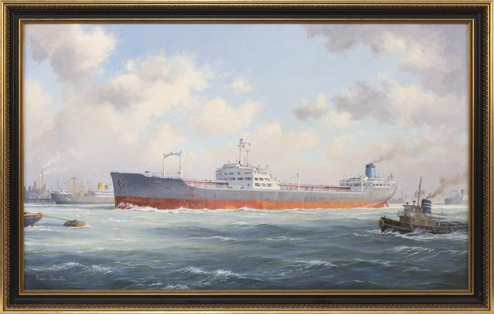 Roger Desoutter comparable auction result: roger desoutter england b 1923 the ship aida escorted by a tugboat oil on canvas 24 x 40 framed 27 x 43