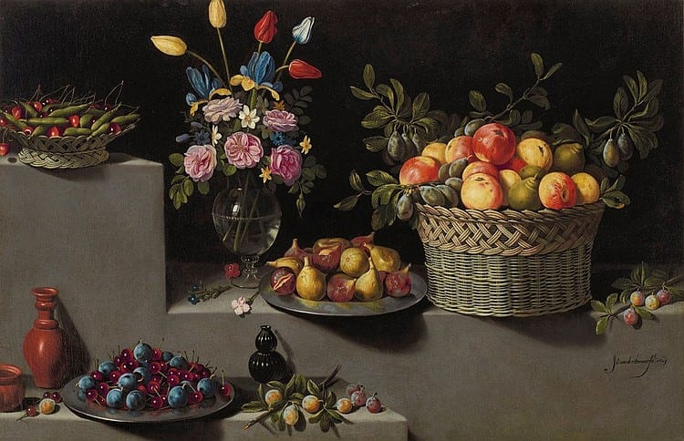 Juan van der Hamen y León (Madrid 1596-1632) Peaches, pears, plums, peas an comparable sale