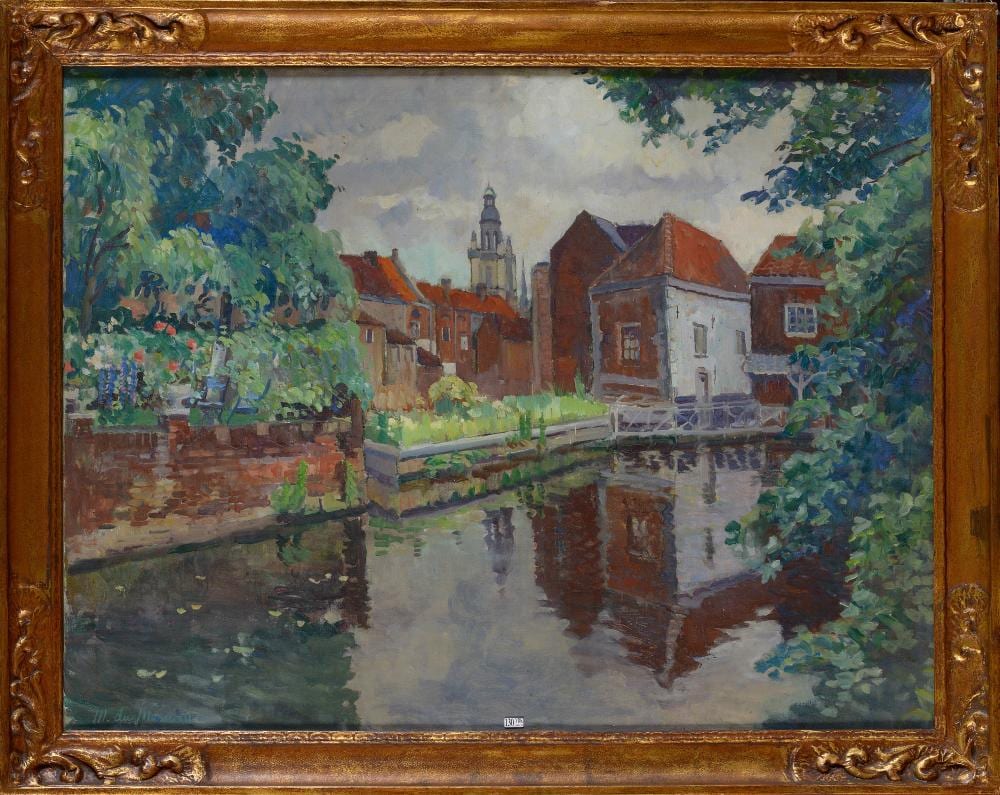 Mathilde DuMonceau comparable auction result: huile sur toile paysage au bord du canal sign en bas gauche m du mon