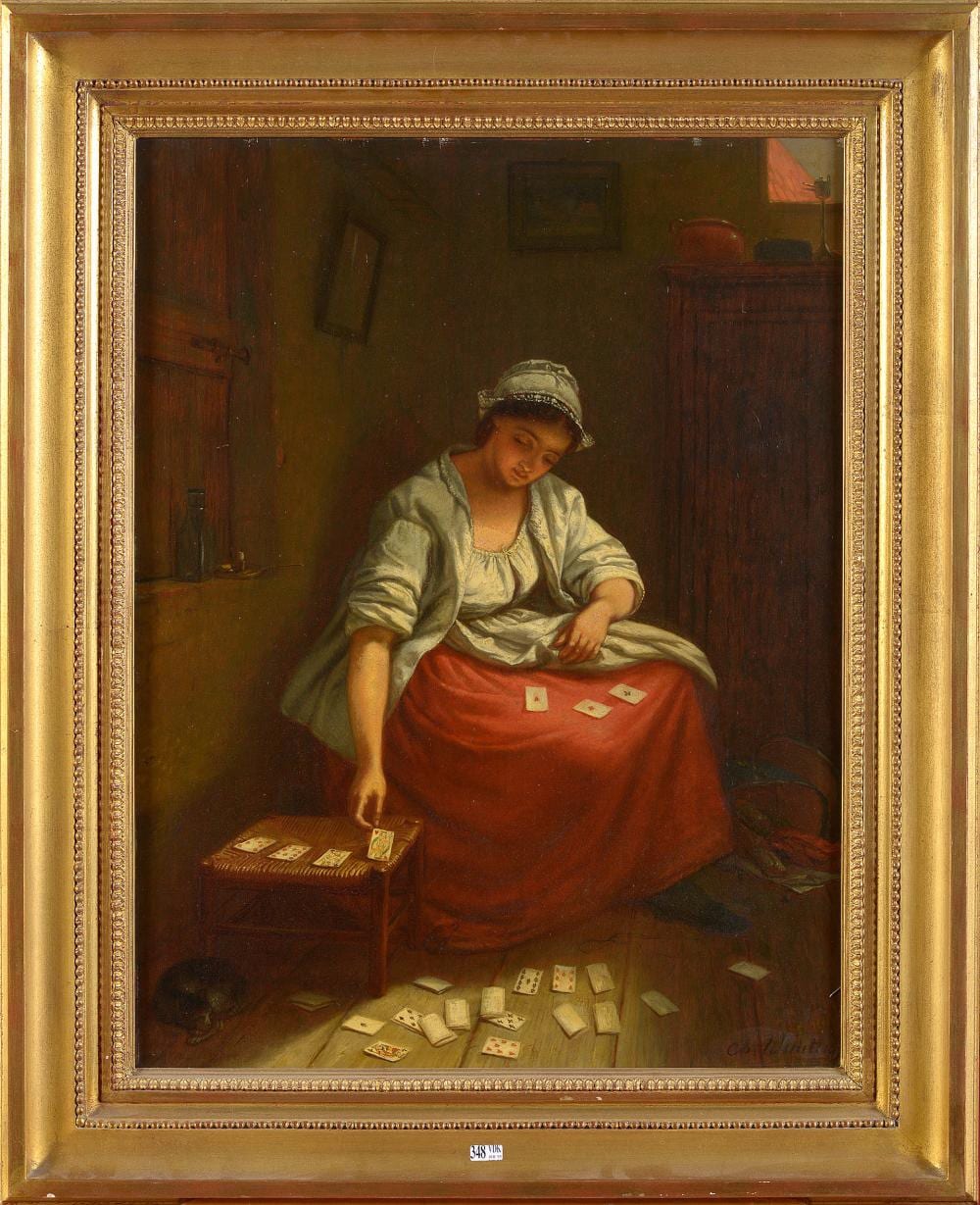 Charles Augustin Wauters comparable auction result: huile sur panneau d acajou la joueuse de cartes sign en bas droite ch