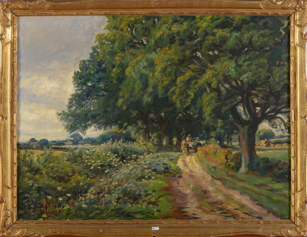 huile sur toile chemin de campagne arbor sign en bas gauche a hazle · Vanderkindere · 2019-04-30 Alfred Hazledine comparable auction result: huile sur toile chemin de campagne arbor sign en bas gauche a hazle