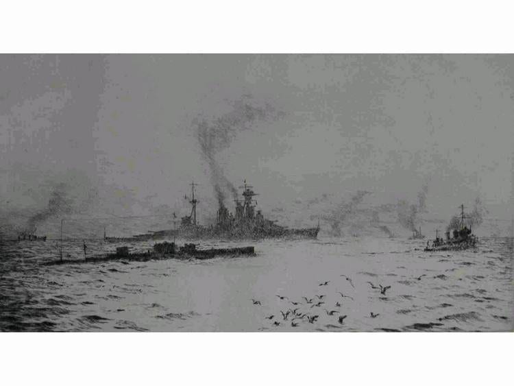 William (1860) Kennedy comparable auction result: a dry point etching of warships on the high seas by willia