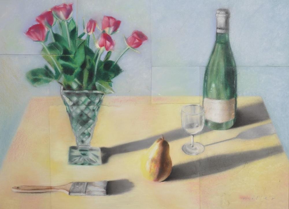 jack miller 1945 2004 british still life with red roses in a vase a bottle paintbrush a pear and glass on a table pastel on joined paper signed 21 25 x 29 5 · John Nicholson's Fine Art Auctioneers & Valuers · 2019-05-01 Jack Miller comparable auction result: jack miller 1945 2004 british still life with red roses in a vase a bottle paintbrush a pear and glass on a table pastel on joined paper signed 21 25 x 29 5