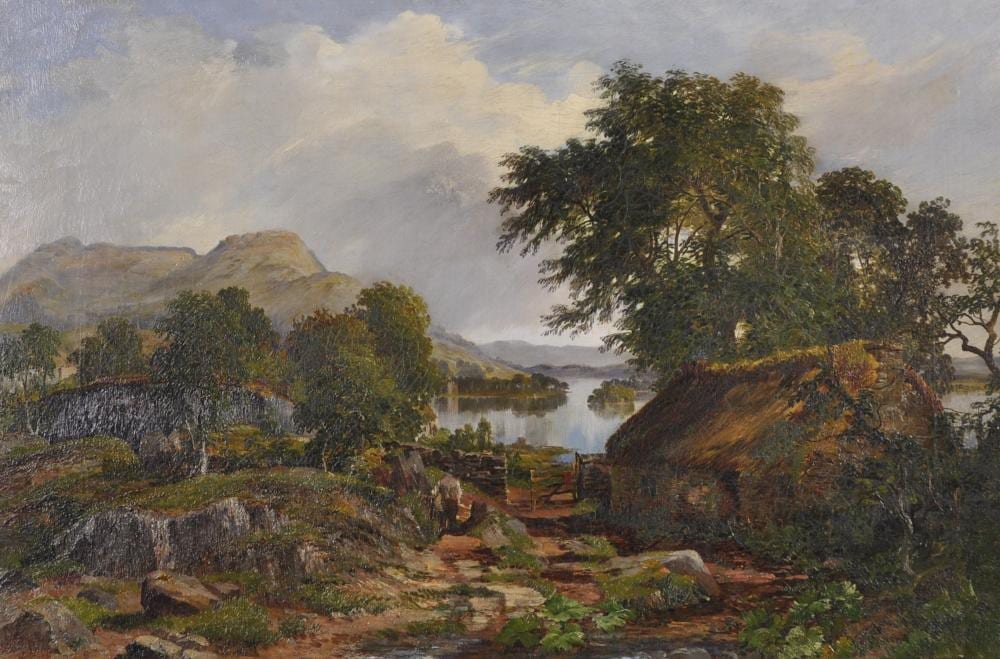 James Hall Cranstoun comparable auction result: james hall cranstoun 1821 1907 british croft at the edge of a loch oil on canvas signed with initials and dated 62 16 x 24 provenance malcolm innes gallery