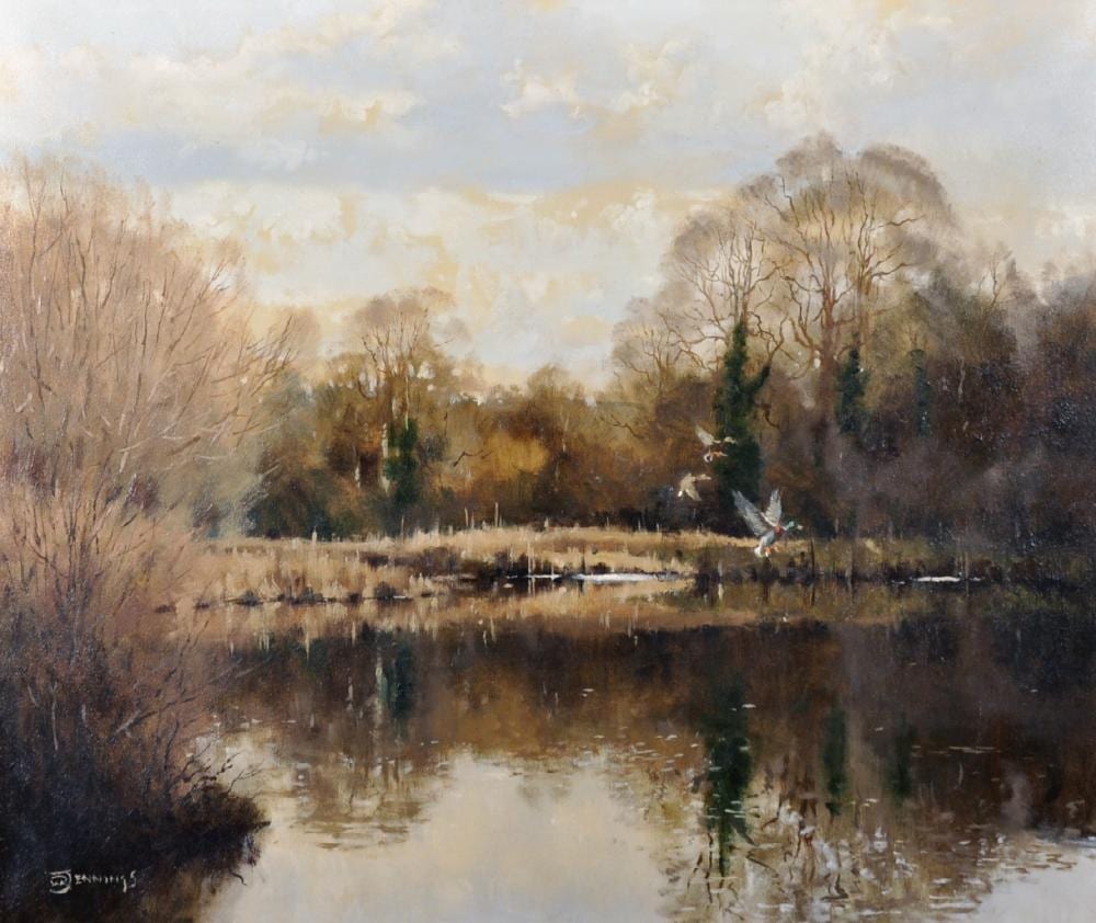 Walter Robin Jennings comparable auction result: walter robin jennings 1927 2005 british private water a river landscape with ducks flighting oil on canvas signed and inscribed on the reverse 20 x 24