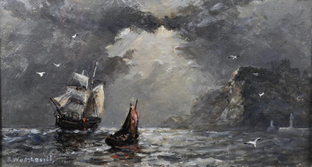 Richard Weatherill comparable auction result: richard weatherill 1844 1913 british a moonlit coastal scene with shipping oil on board signed 5 x 9