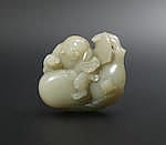 A Hai comparable auction result: a very pale green and russet jade carving of liu hai and gourd qianlong