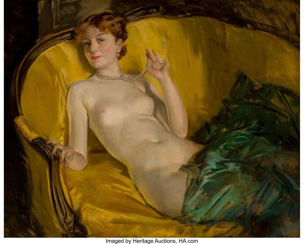 Howard Chandler Christy (American, 1872-1952) Nude Wearing Pearls Oil on canvas sold by Heritage Auctions, lot 68157 — auction record photograph