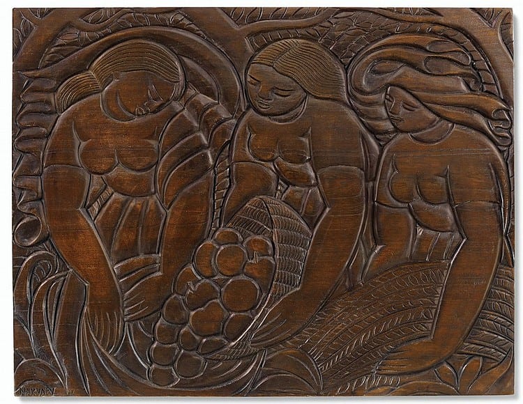 Francisco Narváez comparable auction result: francisco narv ez 1905 1982 escena con tres figuras stained mahogany 30 x 39 x 2 in 78 1 x 100 3 x 5 cm