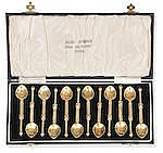 Iona; a cased set of twelve silver-gilt coffee spoons by Alexander Ritchie, marked AR, IONA, and ICA and with Birmingham hallmarks for 1939, one spoon lacking the AR, and IONA marks sold by Bonhams, lot 157 — auction record photograph