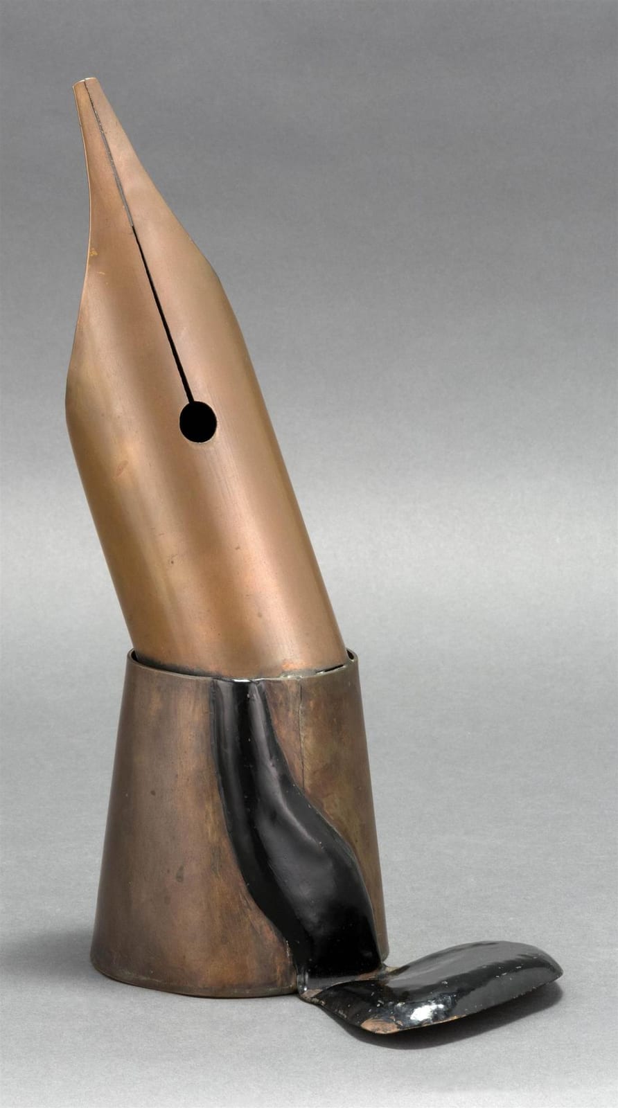 HOMER GUNN, New York/Massachusetts, 1919-2001, Sheet bronze and enamel sculpture of a fountain pen nib and a pool of ink., Height 13... sold by Eldred's, lot 121 — auction record photograph
