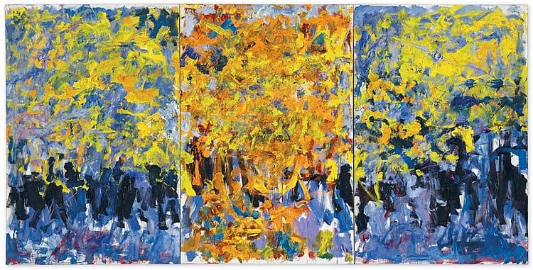 Joan Mitchell (1925-1992) Hans triptych—oil on canvas 76 5/8 x 153 5/8 in. (194.6 x 390.2 cm.) comparable sale