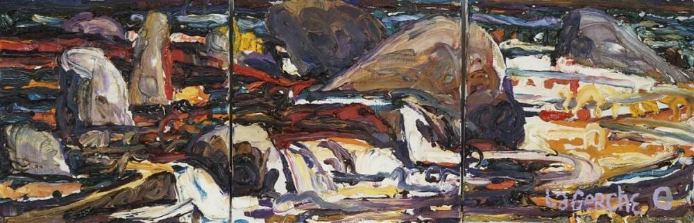 Geoff LaGerche comparable auction result: geoff la gerche 1940 sentinels triptych 30 x 30cm each overall 30 x 90cm