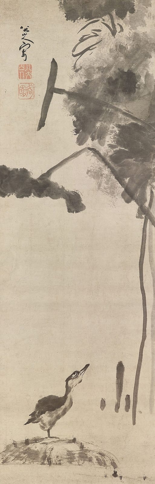 Bada Shanren (1626-1705) Heron and Lotus Hanging scroll, ink on paper 106 x 34.3 cm. (41 3/4 x 13 1/2 in.) comparable sale