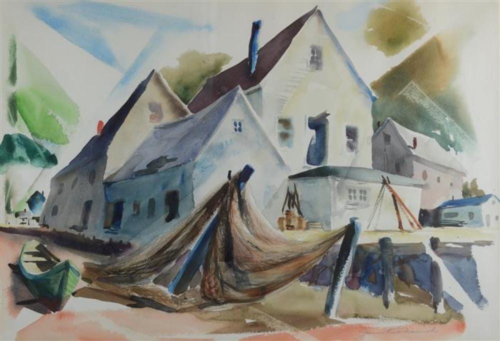 James Kirk Merrick comparable auction result: james kirk merrick 20th c american green boat next to dock house watercolor on paper signed lower right 18 1 2 x 26 1 2 si