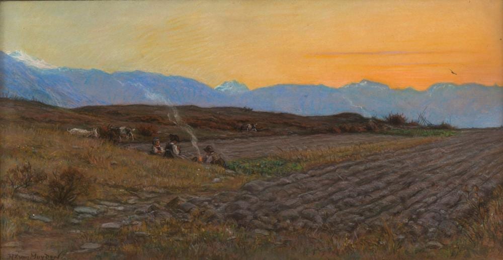 Henri van Muyden comparable auction result: henri van muyden 1860 1936 etude pour le repos champ tre au couchant pastel sur papier sign et dat 17 27x50 5 cm
