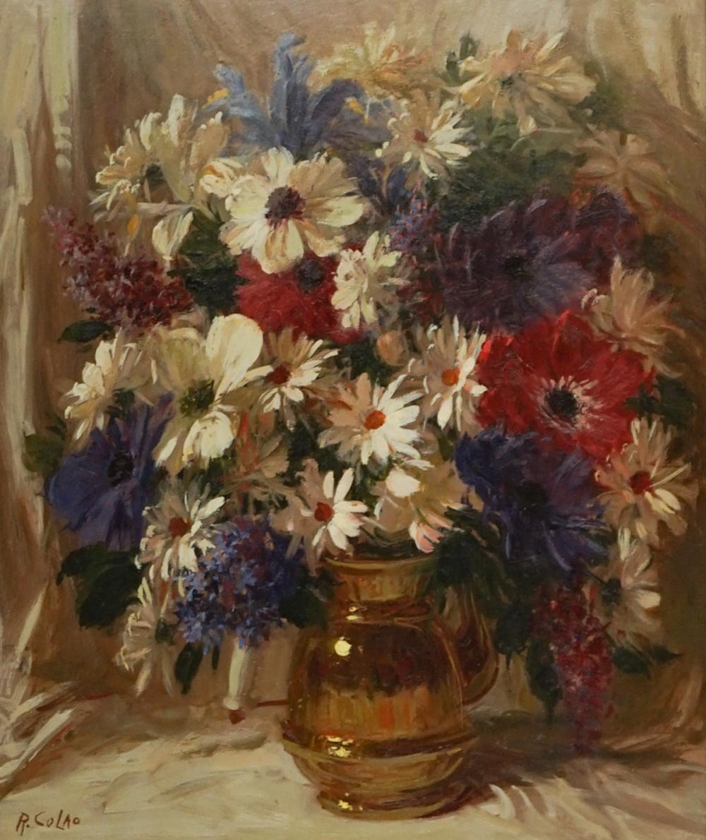 Oil painting of a bouquet of white and red flowers with purple accents in a vase on a light background.