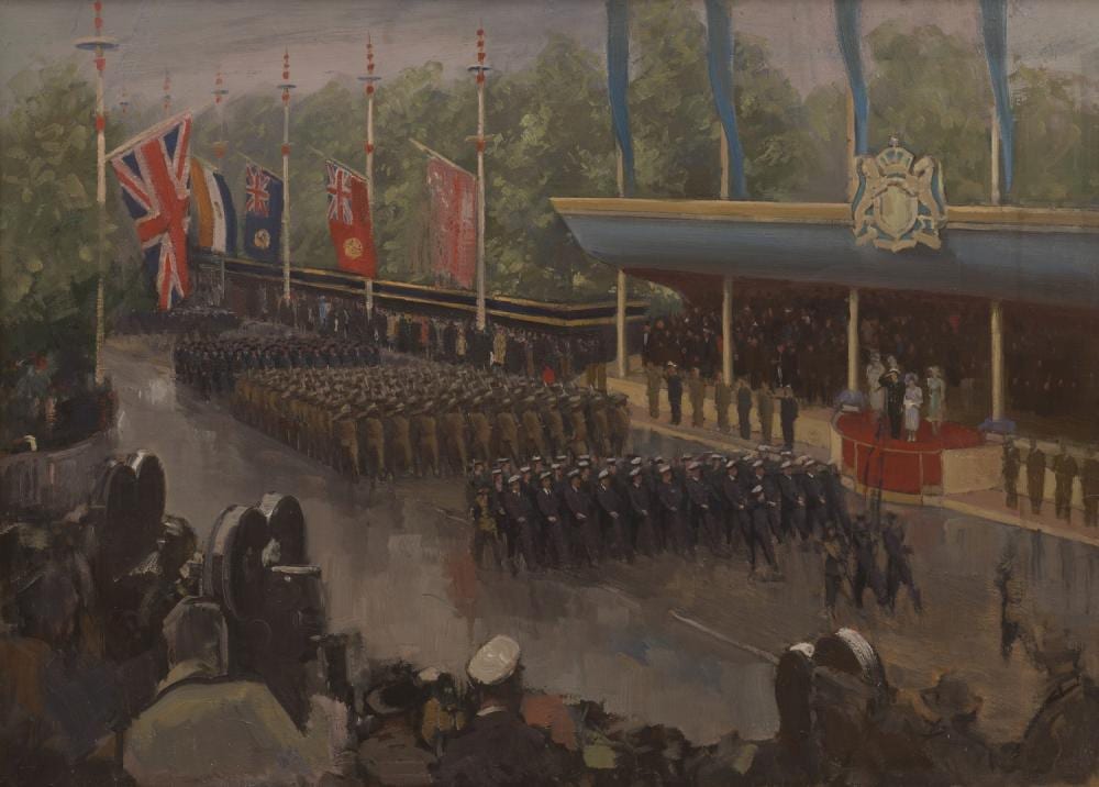 Geoffrey Richard Mainwaring comparable auction result: geoffrey richard mainwaring 1912 2000 study of victory march london oil on board