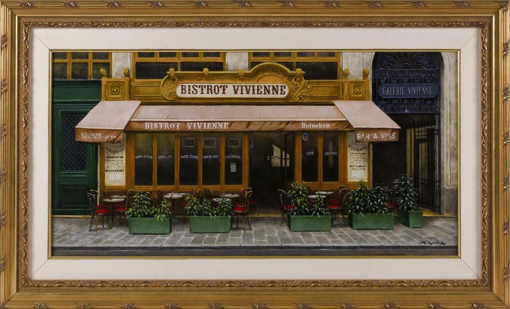 André Renoux comparable auction result: andr renoux france 1939 2002 bistro vivienne oil on canvas 16 x 30 framed 23 x 39