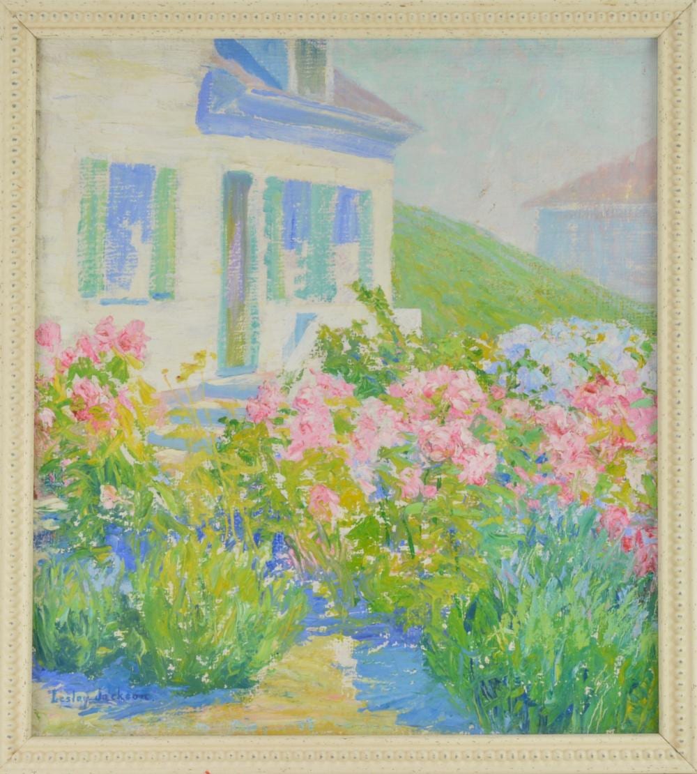 Lesley comparable auction result: lesley elizabeth jackson oil on canvas painting flowers cottage