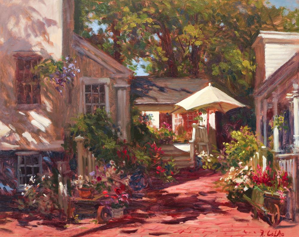 Color oil painting of a garden courtyard with flower-filled planters, a white canopy, and trees overhead.