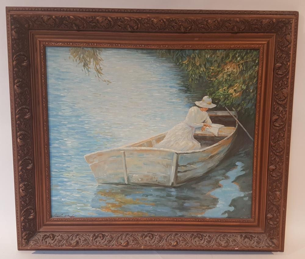reading on a boat · Haynault · 2019-05-27 Karl Wendel comparable auction result: reading on a boat