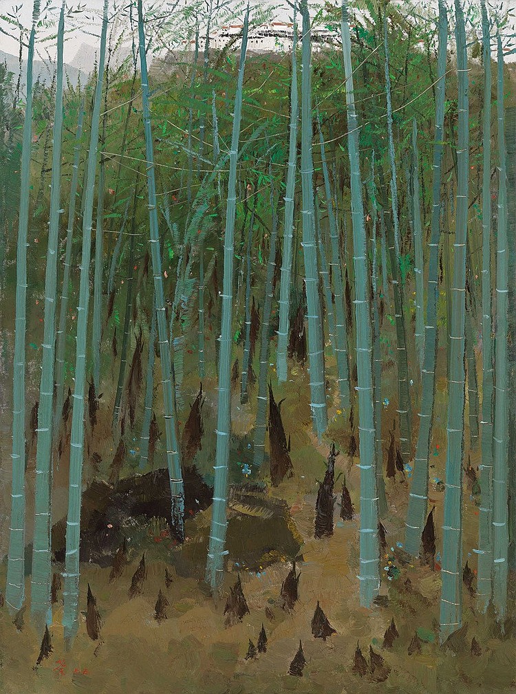 Wu Guanzhong (CHINA, 1919-2010) Spring Shoots Among Bamboos oil on canvas 73.5 x 55 cm. (28 7/8 x 21 5/8 in.) comparable sale