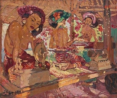Adrien-Jean Le Mayeur de Merprès (BELGIUM, 1880-1958) Women Spinning and Weaving oil on canvas in the original hand-carved Balinese frame 73 x 88 cm. (28 3/4 x 34 5/8 in.) comparable sale