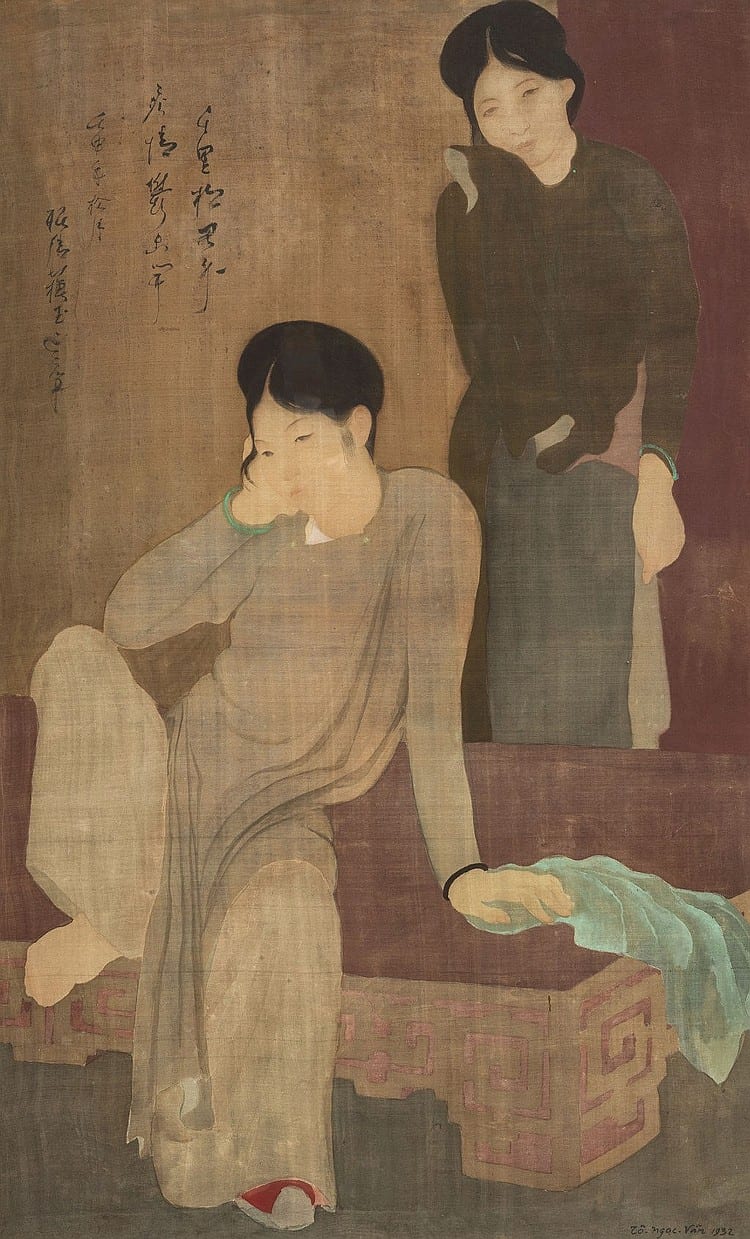 To Ngoc van (VIETNAM, 1906-1954) Les Désabusées (Disillusionment) ink and gouache on silk 92.5 x 57 cm. (36 3/8 x 22 1/2 in.) comparable sale