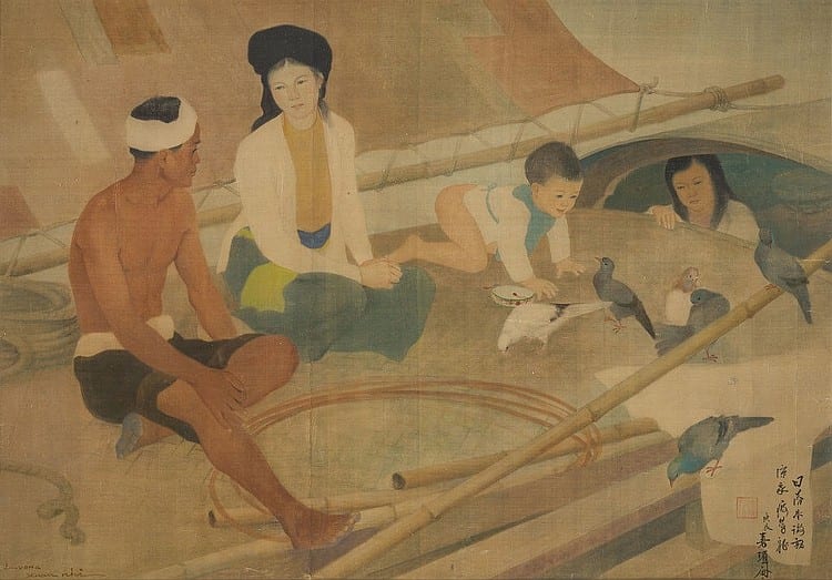 Luong Xuan Nhi (VIETNAM, 1914-2006) Le Pécheur et Sa Famille (Fisherman and... ink and gouache on silk 67 x 110 cm. (26 3/8 x 43 1/4 in.) comparable sale