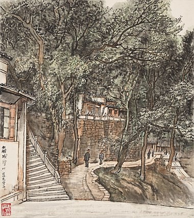 Li Keran (1907-1989) Hangzhou Cityscape Scroll, mounted and framed, ink and colour on paper 45.2 x 40.7 cm. (17 ¾ x 16 in.) comparable sale