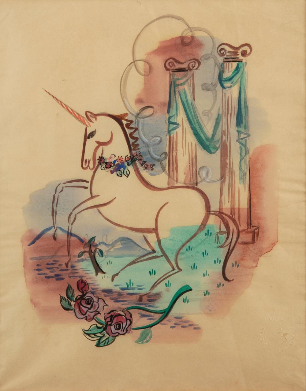 Norah McGuiness comparable auction result: norah mcguiness 1901 1980 unicorn watercolour on paper 29 x 37cm 11 x 14 with atelier studio stamp