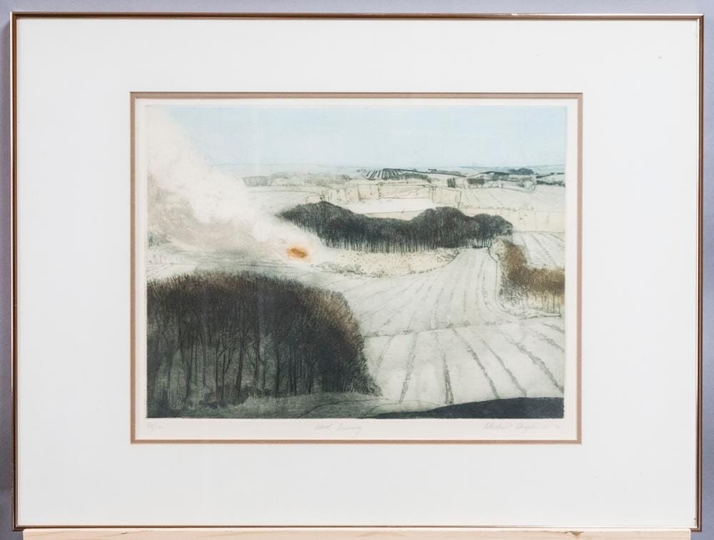 Michael Chaplin comparable auction result: michael chaplin british wood burning 1979 color etching