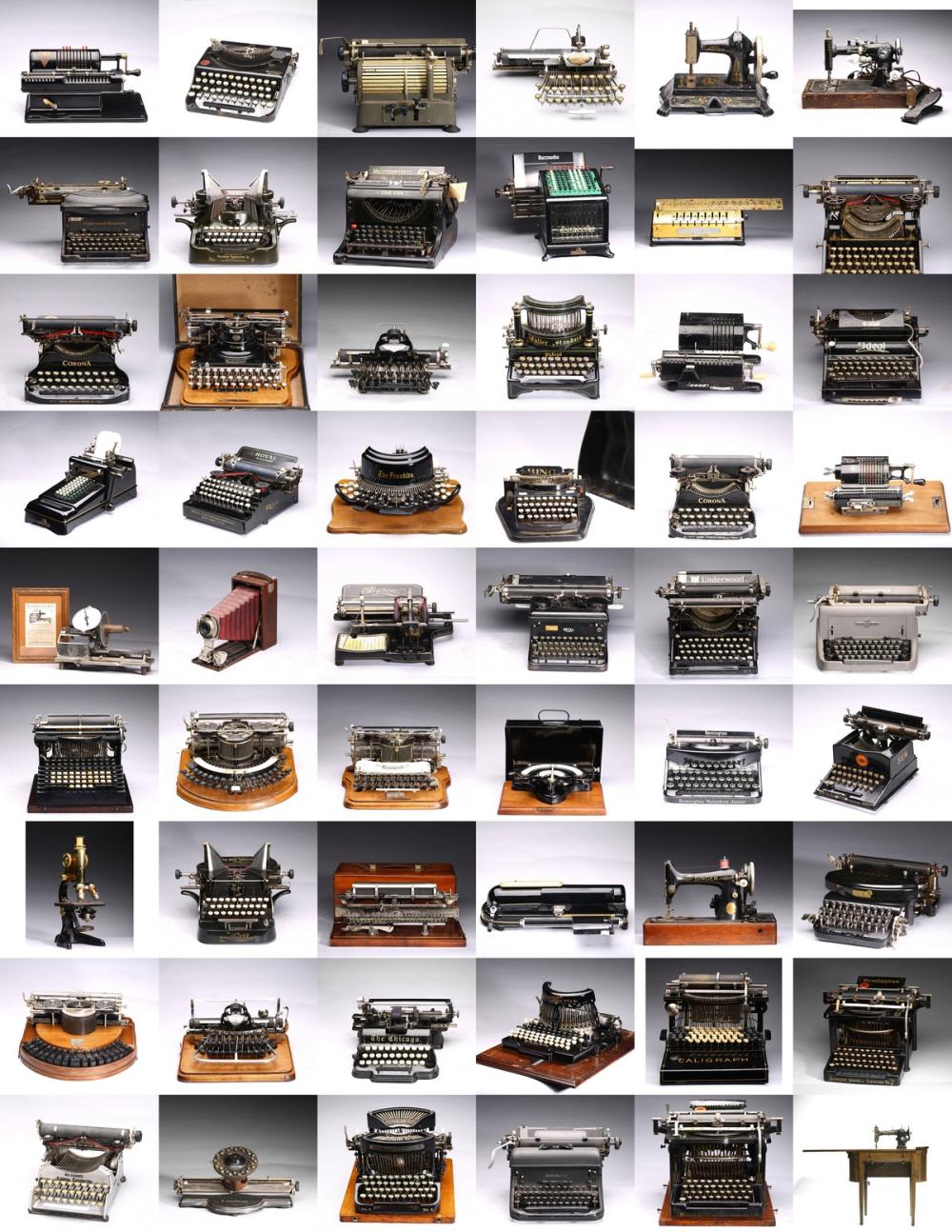 A GROUP OF 54 VINTAGE TYPEWRITERS AND CALCULATORS sold by California Asian Art Auction Gallery USA, lot 7028 — auction record photograph