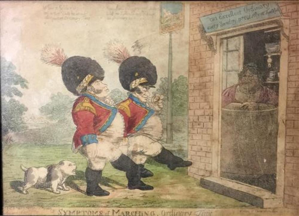 george moutard woodward 1760 1809 symptons of marching ordinary time 1803 handcoloured etching pub fores picadilly · Theodore Bruce Auctioneers & Valuers · 2019-06-16 George Moutard Woodward comparable auction result: george moutard woodward 1760 1809 symptons of marching ordinary time 1803 handcoloured etching pub fores picadilly