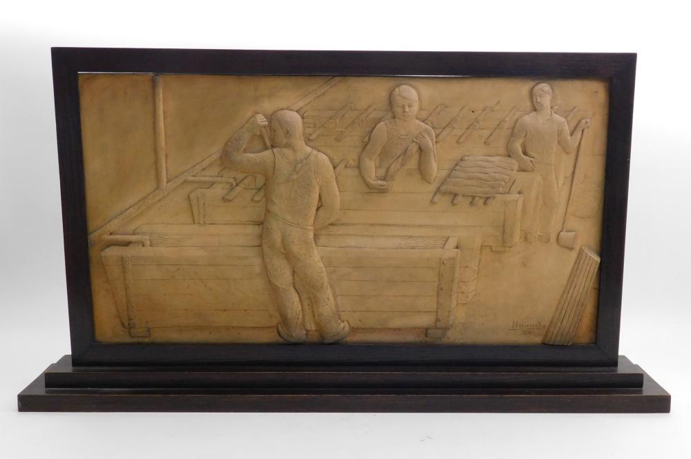 Martín Llauradó Mariscot comparable auction result: mart llaurad 1903 1957 interior de f brica con figuras 1933 terracota con estructura de madera medidas plaf n 38 5x72 5 cm