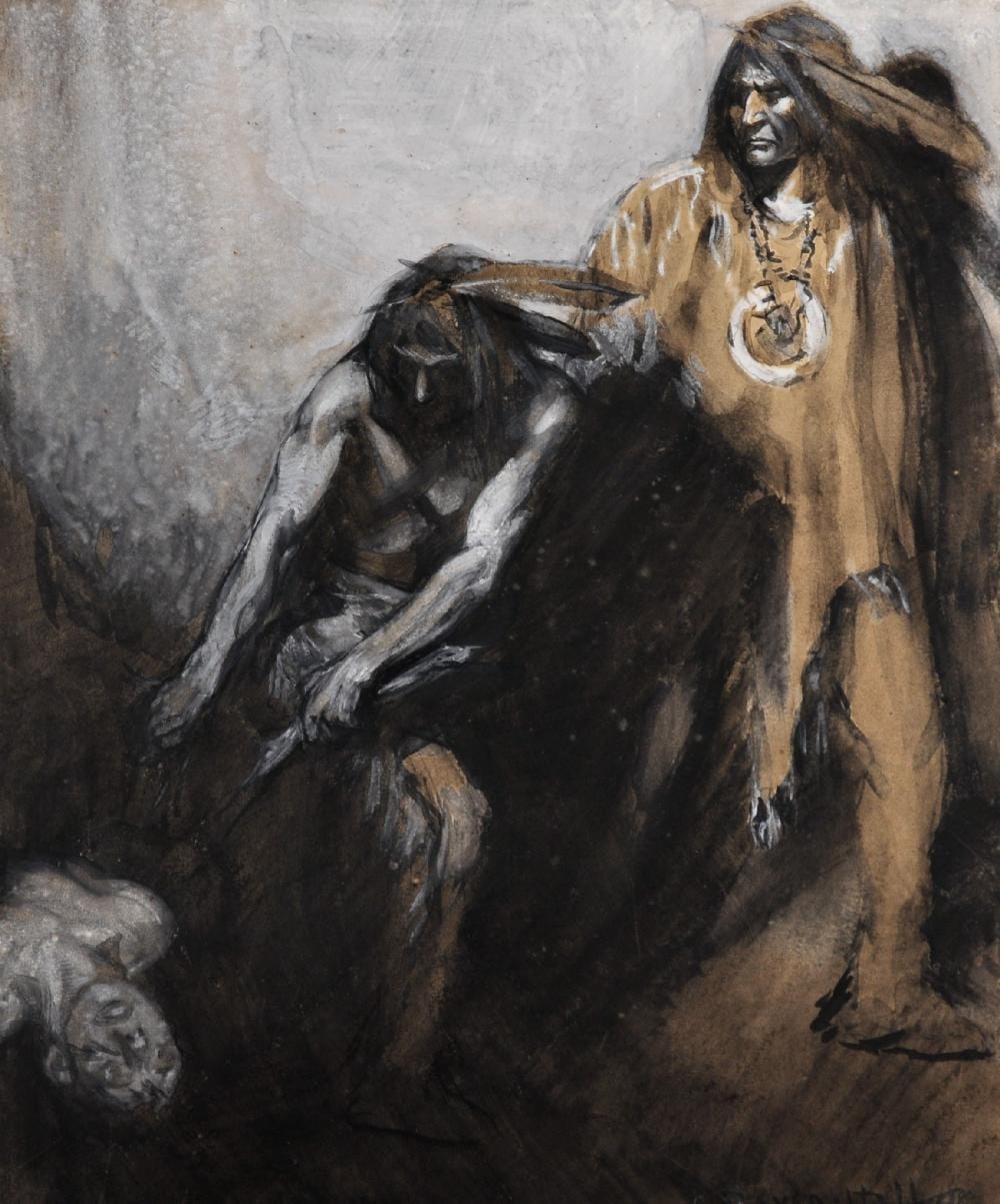 Leonard Raven-Hill comparable auction result: leonard raven hill 1867 1942 british native americans standing over a body mixed media signed and dated 96 unframed 12 75 x 10 5