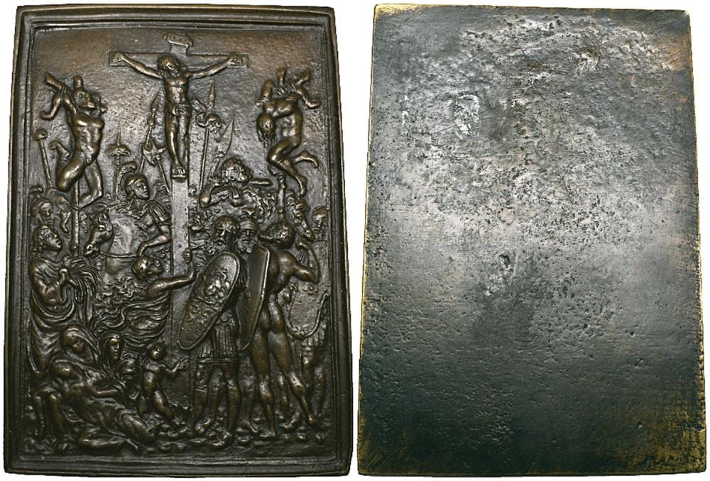 Moderno comparable auction result: moderno the crucifixion bronze plaquette late 15th century christ crucified between the two thie
