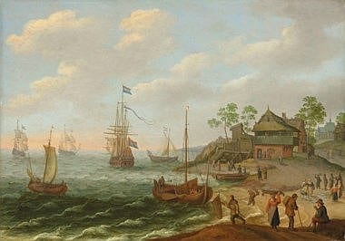 Isaac Willaerts comparable auction result: isaac willaerts utrecht c 1620 1693 sea view with village oil on panel 14 x 20 in 36 8 x 52 1 cm