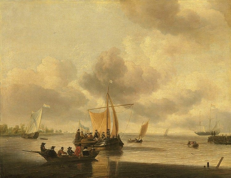 Jan van de Cappelle comparable auction result: jan van de cappelle amsterdam 1626 1679 the mouth of an estuary the brill oil on canvas unframed 29 x 37 in 73 6 x 95 8 cm